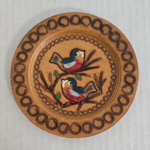 Handcrafted Small Wooden Plate with Bird Design / Trinket Dish